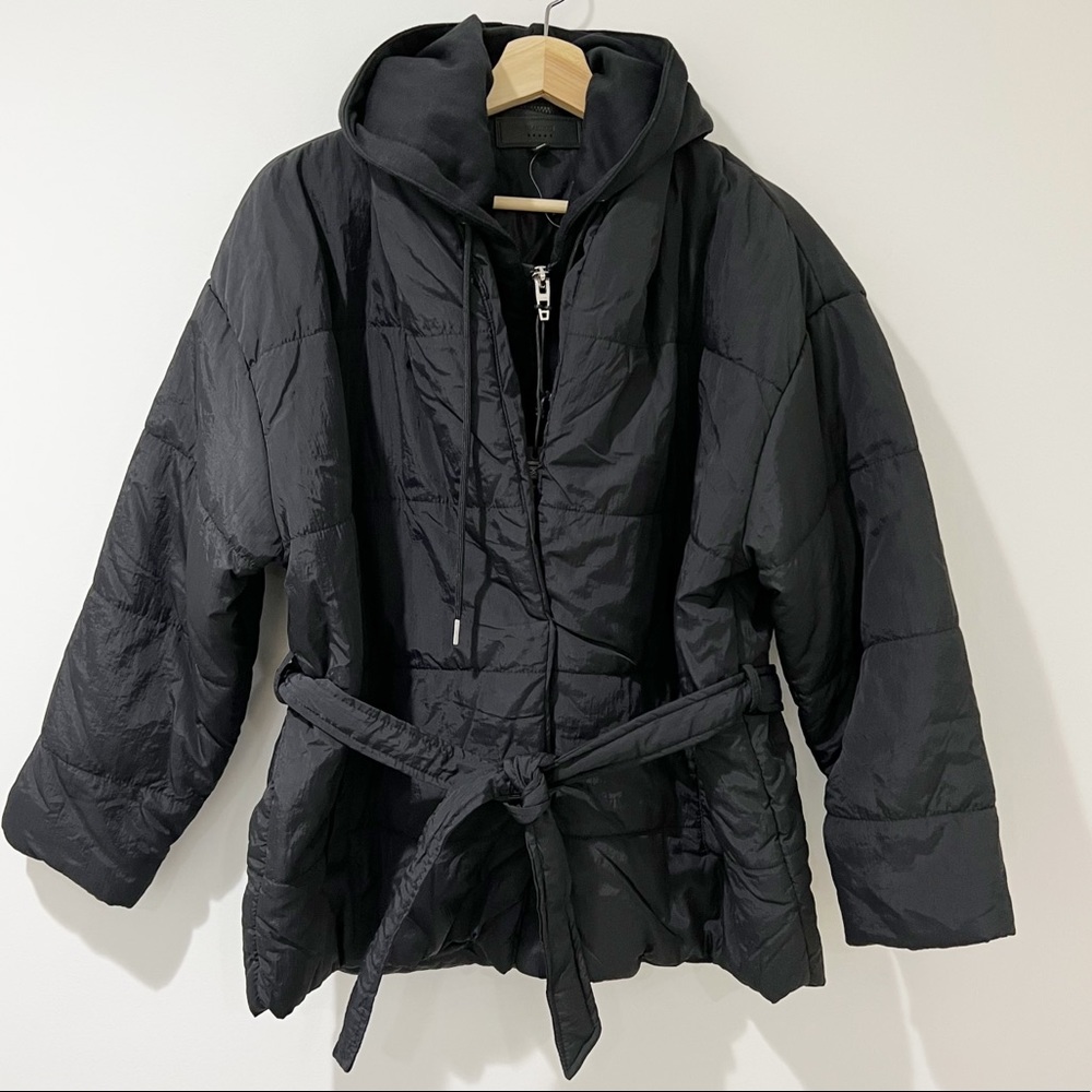 Blank NYC Fair Shake belted Puffer Jacket Black removable hood Sz M NWOT